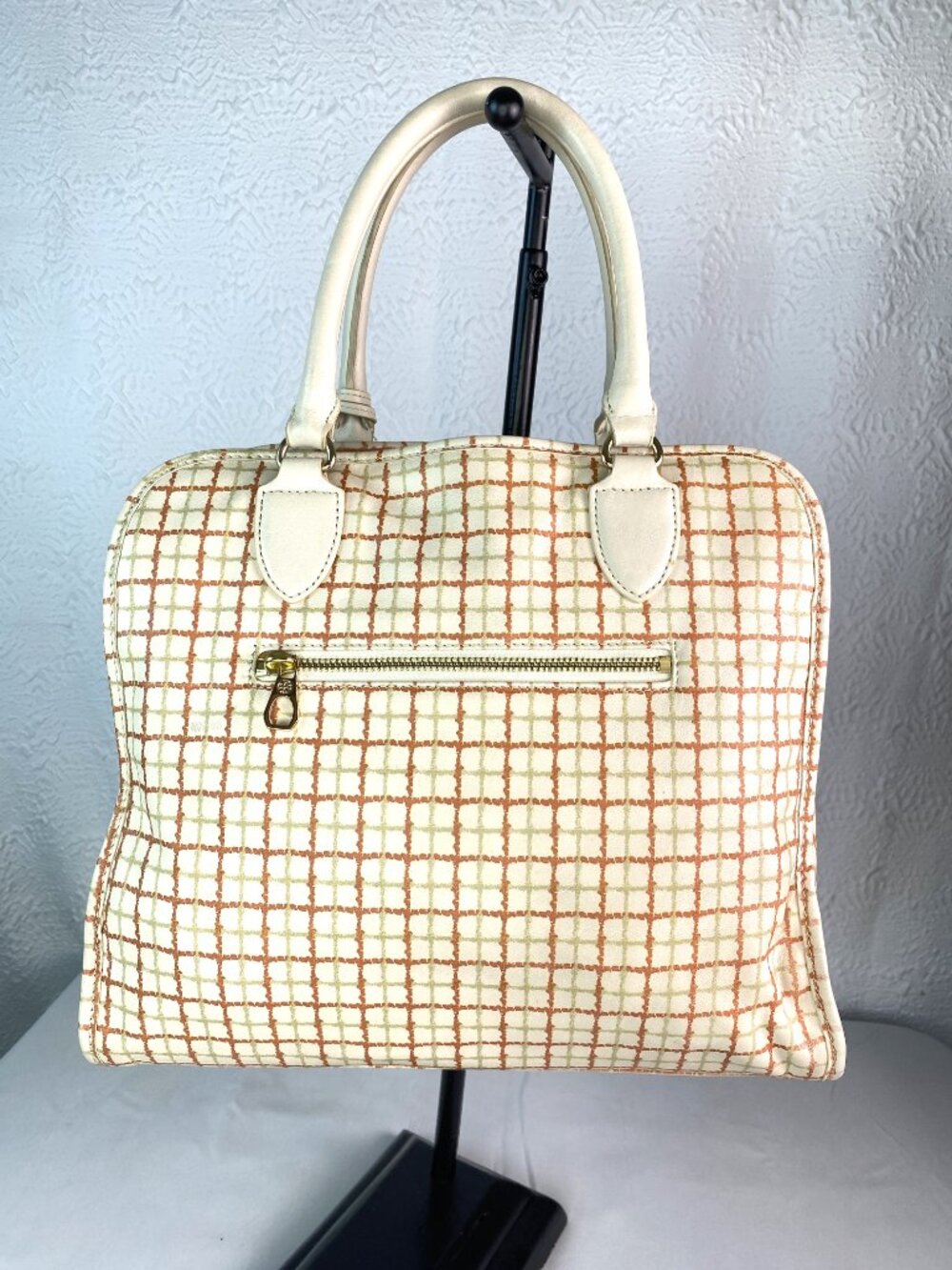 Tory Burch Priscilla Grid Satchel Ivory Orange Leather Top Handle 🌼 Arden - Picture 5 of 17